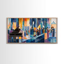 Load image into Gallery viewer, Abstract jazz party scene with grand piano, colorful stained glass aesthetic, framed canvas print ideal vibrant music wall art decor
