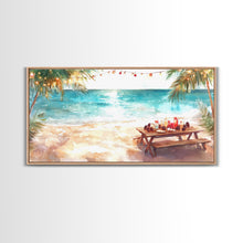Load image into Gallery viewer, Beach Christmas decor picnic setup with palm trees and lights, framed canvas print showcasing tropical coastal holiday art decor
