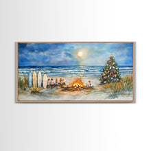 Cargar imagen en el visor de la galería, Christmas bonfire on the beach with surfboards and decorated tree, framed canvas print ideal tropical holiday wall art decor
