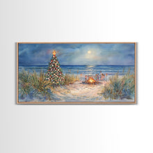 Carregar imagem no visualizador da galeria, Beach Christmas family gathering by the ocean and bonfire, framed canvas print featuring tropical holiday decor wall art
