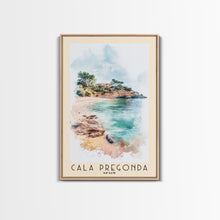 Load image into Gallery viewer, Cala Pregonda, Spain Watercolor Print, Vacation Gift, Spain Wall Art, Beach Painting, Beach Decor, Large Wall Art, Wood Frame Art
