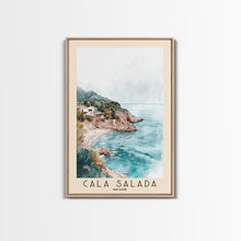 Carregar imagem no visualizador da galeria, Cala Salada, Spain Watercolor Beach Print, Vacation Gift, Spain Wall Art, Framed Canvas Print, Framed Beach Painting
