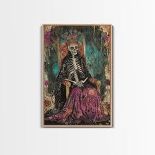Cargar imagen en el visor de la galería, Skeleton King in Regal Throne Framed Canvas Print, Royalty Decor, Halloween Skeleton Art, Haunted Mansion Wall Art, Gothic Skeleton Print
