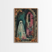 Load image into Gallery viewer, Ghostly Figure at Haunted Door Framed Canvas Print, Halloween Spirit Decor, Spooky Ghost Art, Haunted House Wall Art, Creepy Ghostly Print
