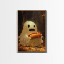 Cargar imagen en el visor de la galería, CHOMP! Cute Lil Ghost Eatin&#39; a Dog, The Hot Dog Ghost, Haunted Hot Dog Thief, Framed Canvas Print, Halloween Art
