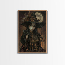 Carregar imagem no visualizador da galeria, The Witch and The Black Cat Framed Canvas Art, Spooky Victorian Witch Art, Spooky Season, Halloween Props, Halloween Accessories Art
