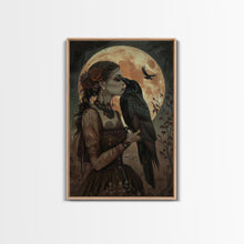 Load image into Gallery viewer, The Witch And The Raven, Framed Canvas Print, Raven Familiar, Victorian Witch Painting, Halloween Decor, Halloween Trinket, Spooky Wall Art
