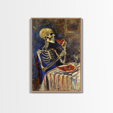 Load image into Gallery viewer, Funny Skeleton Eating A Pizza, Framed Canvas Print, Halloween Decor
