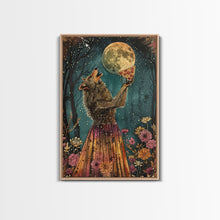 Load image into Gallery viewer, That&#39;s A Howlin&#39; Good Pizza, Werewolf Eatin a Pizza and Howlin at The Moon, Framed Canvas Print, Funny Halloween Art

