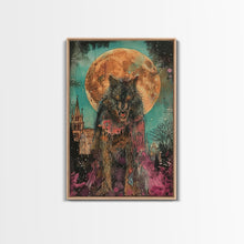 Load image into Gallery viewer, Fierce Werewolf with Blood Moon Framed Canvas Print | Halloween Monster Art | Spooky Werewolf Decor for Home | Intense Full Moon Artwork
