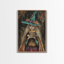 Load image into Gallery viewer, The Witch and Her Pancakes, Breakfast Witch, Framed Canvas Print, Funny Halloween Art
