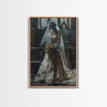 Load image into Gallery viewer, Ghostly Bride in Abandoned Church Framed Canvas Print | Halloween Bride Art | Eerie Bride Decor for Home | Haunted Wedding Artwork
