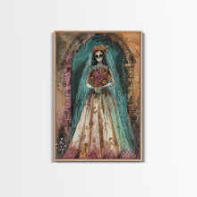 Load image into Gallery viewer, Skeleton Bride in Floral Arch Framed Canvas Print | Halloween Bride Art | Spooky Bride Decor for Home | Gothic Wedding Artwork
