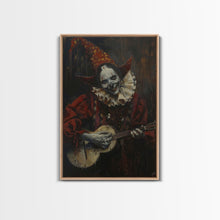 Load image into Gallery viewer, Creepy Clown Playing Guitar, Framed Canvas Print, Spooky Circus Art, Halloween Wall Decor, Horror Clown Illustration, Creepy Home Decor
