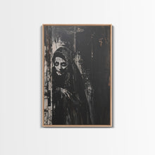 Load image into Gallery viewer, Haunted Nun with Eerie Expression, Framed Canvas Print, Gothic Halloween Art, Spooky Religious Decor, Scary Nun Painting, Gothic Home Art
