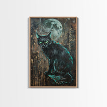 Carregar imagem no visualizador da galeria, Black Cat with Piercing Green Eyes, Framed Canvas Print, Spooky Cat Art, Witchy Feline Decor, Halloween Wall Art, Gothic Cat Decor
