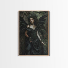 Load image into Gallery viewer, Dark Angel with Glowing Eyes in Haunted Forest - Mysterious Gothic Framed Canvas Print, Halloween Wall Art Decor
