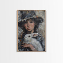 Load image into Gallery viewer, Enchanting Witch with White Rabbit in Serene Autumn Setting - Mystical Forest Art Framed Canvas Print, Halloween Home Decor
