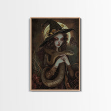 Load image into Gallery viewer, Witch Holding Snake under Full Moon - Dark Forest Sorcery Gothic Art Framed Canvas Print, Halloween Witchy Decor
