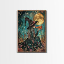 Load image into Gallery viewer, Spring Witch and Her Slice Of Pizza, Framed Canvas Print, Cute / Funny Halloween Art
