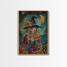 Load image into Gallery viewer, Summer Witch and Her Slice Of Pizza, Framed Canvas Print, Cute / Funny Halloween Art
