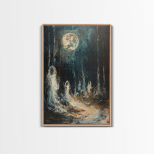Carregar imagem no visualizador da galeria, Ghostly Figures in Forest, Halloween Art Print, Spooky Home Decor, Framed Canvas Print, Creepy Art, Halloween Wall Decor, Seasonal Wall Art
