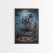 Carregar imagem no visualizador da galeria, Abandoned House Under Moon Full Halloween Art, Spooky Mansion, Haunted Home, Creepy Decor, Gothic Artwork, Framed Canvas Print
