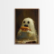 Load image into Gallery viewer, Cute Ghost Chompin on A Hot Dog, Ghostly Hot Dog Thief, Framed Canvas Print, Funny Halloween Spooky Season Art
