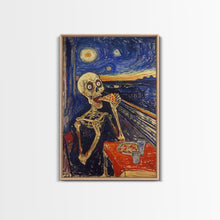 Load image into Gallery viewer, Spooky Skeleton Dude Eatin&#39; a Pizza, Starry Night Inspired Funny Halloween Art, Framed Canvas Print
