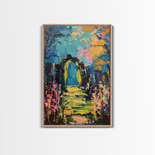 Load image into Gallery viewer, Enchanted Path Framed Canvas Print, Halloween Art, Spooky Garden, Haunted Walkway, Fall Decor Gothic Decor, Ghostly Archway, Eerie Landscape
