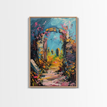 Load image into Gallery viewer, Ruined Archway Framed Canvas Print, Halloween Art, Haunted Garden, Spooky Ruins, Eerie Pathway, Fall Decor, Gothic Wall Art, Haunted Decor
