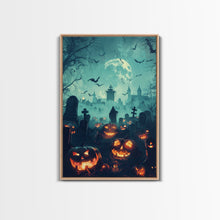 Cargar imagen en el visor de la galería, Bats and Jack-O-Lanterns Framed Canvas Print, Halloween Wall Art, Haunted Graveyard, Home Decor, Spooky Art, Living Room Decor, Gothic Art
