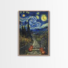 Load image into Gallery viewer, Spooky Starry Night Inspired Haunted Grave Yard Framed Canvas Print, Spooky Season Halloween Art
