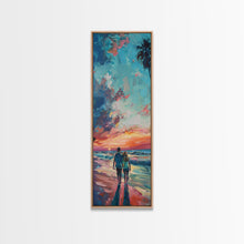 Load image into Gallery viewer, Framed Canvas Oil Painting of Sunset on Beach, Coastal Wall Art Print, Colorful Beach Art, Impasto Painting, Long and Narrow Landscape Art
