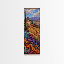 Load image into Gallery viewer, Framed and Printed Canvas Painting of Colorful Tuscan Countryside, Gouache Textured Canvas Painting, Botanical Wall Art Print, Skinny Art
