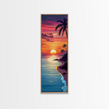 Cargar imagen en el visor de la galería, Coastal Sunset Palm Trees Midcentury Modern Art - Framed Canvas Print, Boho Art, Skinny Art, Living Room Art, Bedroom Decor, Tropical Landscape
