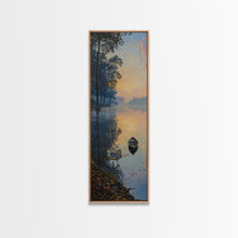 Carregar imagem no visualizador da galeria, Calm River Reflection with a Lone Boat, Skinny and Tall Art, Serene Landscape Framed Canvas Print, Tranquil Wall Art
