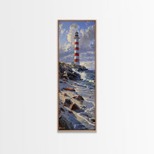Carregar imagem no visualizador da galeria, Framed Canvas Print Skinny Art of a Majestic Lighthouse Standing Tall Against a Bright Blue Sky with Waves Crashing on Rocky Shores, Perfect Tall Art
