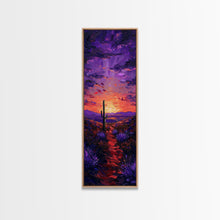 Cargar imagen en el visor de la galería, Colorful Sunset Over a Desert Landscape with a Saguaro Cactus and Dramatic Sky on a Framed Canvas Print Skinny Art Piece
