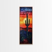 Load image into Gallery viewer, Desert Landscape with Saguaro Cactus Silhouette Against a Fiery Sunset on a Framed Canvas Print Skinny Art Piece
