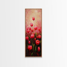 Load image into Gallery viewer, Vibrant Red Tulips in Bloom Against a Soft Pink Background on a Framed Canvas Print Skinny Art Piece
