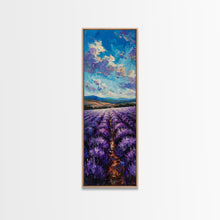 Carregar imagem no visualizador da galeria, Framed Canvas Print of Wide Lavender Fields Under a Bright Sky Featuring Skinny Tall Art for Stunning Wall Decor in Home or Office
