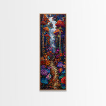 Carregar imagem no visualizador da galeria, Fantasy Forest Pathway with Giant Mushrooms as Tall Skinny Art Framed Canvas Print for Whimsical Wall Decor in Unique Spaces

