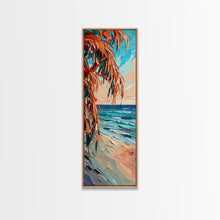 Carregar imagem no visualizador da galeria, Expressive Coastal Shoreline Landscape in Blue and Orange, Abstract Painting on Framed Canvas Print, Perfect for Beach-Themed Wall Art
