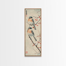 Load image into Gallery viewer, Pair of Birds on Snowy Branches, Japanese Art Framed Canvas Print, Tall and Skinny Wall Art in Ukiyo-e Style
