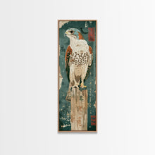 Load image into Gallery viewer, Majestic Hawk Perched On Weathered Stump Textured Background Skinny Art Tall Art Framed Canvas Print Japanese Style Art Ukiyo-e Art Wood Block Print
