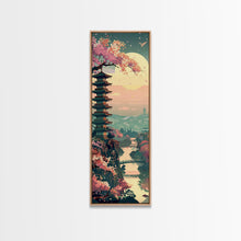 Load image into Gallery viewer, Japanese Pagoda Among Sakura Trees Under Yellow Moon Tall Art Skinny Art Framed Canvas Print Japanese Style Art Ukiyo-e Wood Block Print
