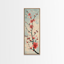 Load image into Gallery viewer, Peach Blossoms On Branch With Soft Pastel Background Tall Art Skinny Art Framed Canvas Print Japanese Style Art Ukiyo-e Wood Block Print

