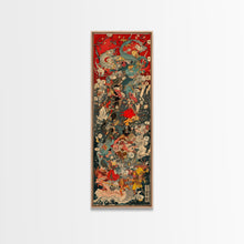Cargar imagen en el visor de la galería, Complex Samurai Battle Scene With Mythical Creatures Framed Canvas Print Ukiyo-e Wall Art Wood Block Print Tall Art Japanese Style Skinny Art
