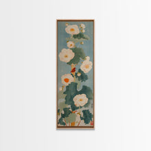 Load image into Gallery viewer, Tall White Blooms with Large Leaves on Blue Background, Framed Canvas Print in Japanese Art Style
